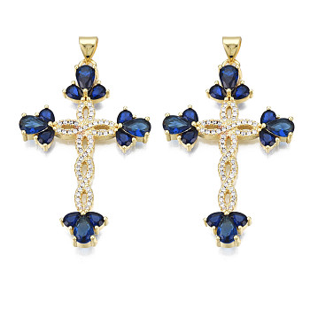 Brass Micro Pave Cubic Zirconia Pendants, with Brass Snap on Bails, Real 18K Gold Plated, Nickel Free, Cross, Dark Blue, 42x27.5x5mm, Hole: 3x5mm