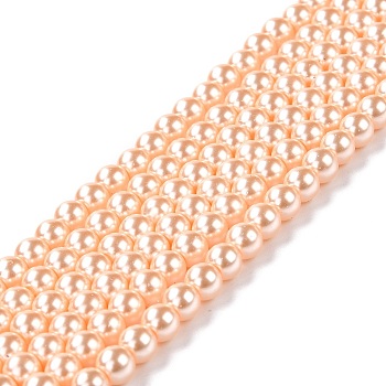 Eco-Friendly Grade A Glass Pearl Beads, Pearlized, Round, PeachPuff, 6mm, Hole: 1.2~1.5mm, about 68pcs/Strand, 16''(40.64cm)