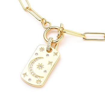 Brass Micro Pave Clear Cubic Zirconia Pendant Necklaces, with Brass Paperclip Chains and 304 Stainless Steel Toggle Clasps, Oval with Moon & Star, Golden, 18.50 inch(47cm)