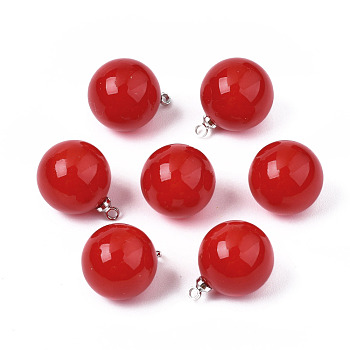 ABS Plastic Imitation Pearl Pendants, with Brass Findings, Platinum, Round, Brown, 15.5x12mm, Hole: 1.5mm