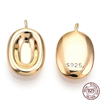 925 Sterling Silver Charms, Oval Charms, Nickel Free, with S925 Stamp, Real 18K Gold Plated, 14x9x2.5mm, Hole: 1mm
