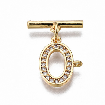 Brass Micro Pave Clear Cubic Zirconia Toggle Clasps, Nickel Free, Oval, Real 18K Gold Plated, 19.5mm long, Bar: 13.5x4x2mm, hole: 1mm, Jump Ring: 5x1mm, Inner Diameter: 3mm, oval: 13x10x2.5mm, Hole: 1mm