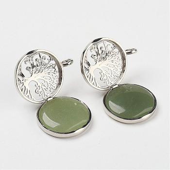 Natural Green Aventurine Pendants, with Brass Diffuser Locket Findings, Flat Round with Tree, 31x26x8mm, Hole: 4mm