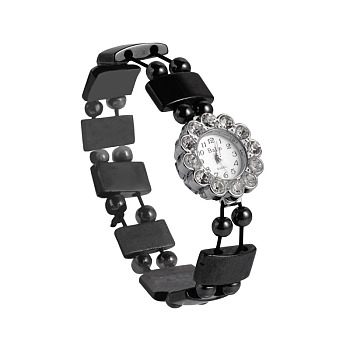 Non-Magnetic Hematite Beaded Stretch Bracelet Watches, with Flower Alloy Rhinestone Quartz Watch Heads, Platinum, 50mm, Watch Head: 27.5x28.5x8mm, Watch Face: 15mm