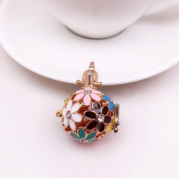 Brass Enamel Hollow Cage Locket Pendant, with Rhinestones, Round with Flower Charm, Colorful, 21mm