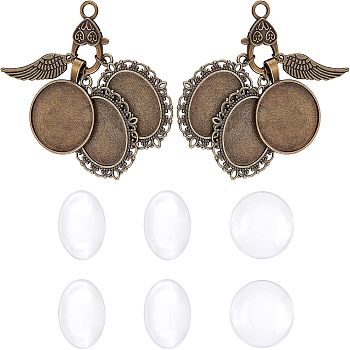 2 Sets Alloy Pendants Decoration, with Glass Cabochons, Satin Ribbon and Lobster Claw Clasps, Antique Bronze, 70mm