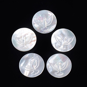 Natural White Shell Cabochons, Flat Round with Bird, 15.5x2.5mm