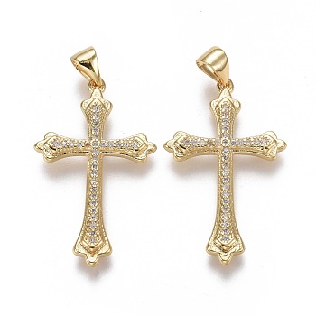 Brass Micro Pave Cubic Zirconia Pendants, Cross, Clear, Real 18K Gold Plated, 30x18.5x2.5mm, Hole: 3.5x5.5mm