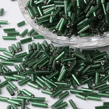 Silver Lined Glass Bugle Beads, Round Hole, Dark Green, 6~7x1.5~2mm, Hole: 0.5mm, about 12500pcs/bag