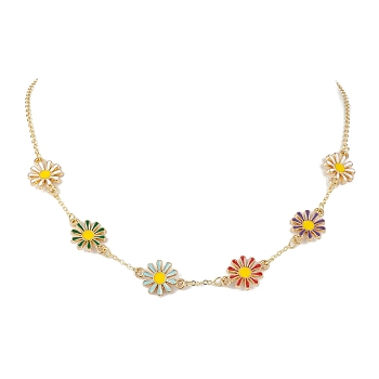 Alloy Enamel Flower Links Chain Necklaces for Women,  Brass Cable Chain Necklaces, Golden, 17.24 inch(438mm)