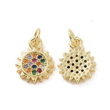 Brass Micro Pave Cubic Zirconia Charms, with Jump Ring, Sun Charm, Real 18K Gold Plated, 13.5x10.5x2mm, Hole: 3.2mm
