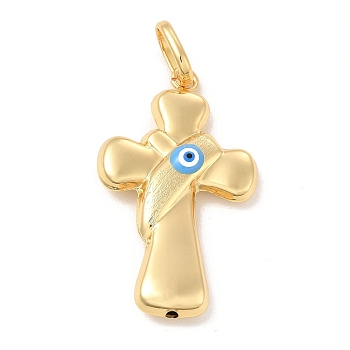 Brass Pendants, with Enamel, Real 18K Gold Plated, Long-Lasting Plated, Cross with Evil Eye Charm, Deep Sky Blue, 40x26x7mm, Hole: 10x7mm