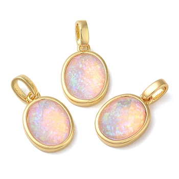 Rack Plating Brass with Synthetic Opal Pendants, Oval, Pink, 15x11x5mm, Hole: 5mm