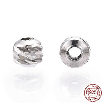 Rhodium Plated 925 Sterling Silver Beads, Grooved Round, Nickel Free, Real Platinum Plated, 2.5x2.2mm, Hole: 0.8mm