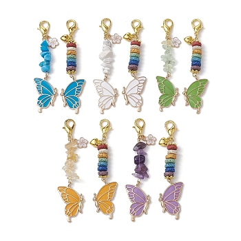 Butterfly Alloy Enamel Pendants Decoraiton, Natural & Synthetic Mixed Stone Chip & Lava Rock Beads and Lobster Claw Clasps Charm, Mixed Color, 81~83mm, 2pcs/set