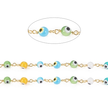 3.28 Feet Handmade Evil Eye Lampwork Round Beaded Chains, with Brass Findings, Unwelded, Long-Lasting Plated, Golden, Colorful, 15x3x6x1.8mm, Beads: 6mm