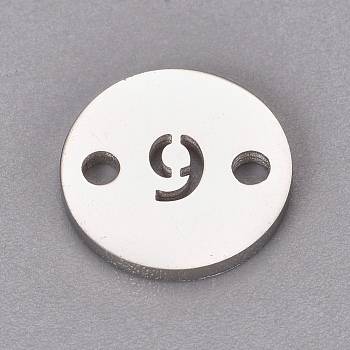 304 Stainless Steel Links, Flat Round with Number, Stainless Steel Color, Num.9, 10x1.1mm, Hole: 1.5mm
