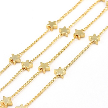 Handmade Brass Twisted Chains, Curb Chains, Soldered, with Star Beads and Spool, Long-Lasting Plated, Real 18K Gold Plated, 1x1mm, Star: 6x6x2.5mm, about 32.8 Feet(10m)/roll