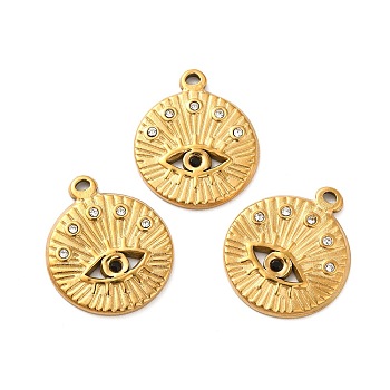 Ion Plating(IP) 304 Stainless Steel Pendants, with Crystal Rhinestone, Flat Round with Eye Charms, Golden, 22x18.5x2mm, Hole: 2mm