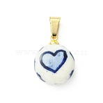 Handmade Porcelain Pendants, Blue and White Pocerlain, Flat Round with Heart Pattern Charms, with Stainless Steel Snap on Bails, Golden, Blue, 18x14x6mm, Hole: 6.5x4mm(PALLOY-JF05379)