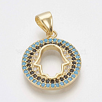 Brass Micro Pave Cubic Zirconia Pendants, Cadmium Free & Lead Free, Flat Round with Hamsa Hand/Hand of Fatima /Hand of Miriam, Light Sky Blue & Black, Golden, 17x14.5x2mm, Hole: 3.5x5mm(ZIRC-Q018-024G)