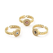 Clear Cubic Zirconia Evil Eye Open Cuff Ring with Enamel, Real 18K Gold Plated Brass Jewelry for Women, Cadmium Free & Lead Free, Mixed Color, US Size 7(17.3mm)(RJEW-E046-29G)