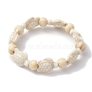 Beach Turtle Dyed Synthetic Turquoise Stretch Bracelets, Summer Wood Beaded Kid Bracelets for Girls, Floral White, Inner Diameter: 1-5/8~1-7/8 inch(4.05~4.85cm), Bead: 7x8~8.5mm, Turtle: 17~18x13~14mm(BJEW-JB10290)