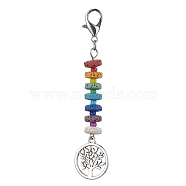 Tree of Life Tibetan Style Alloy Pendant Decorations, 7 Chakra Natural Lava Rock & Glass Seed Beads and Lobster Claw Clasps Charms, Antique Silver & Platinum, 77mm, Pendants: 59.5x17mm(HJEW-JM01661)