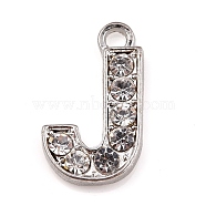 Alloy Rhinestone Letter Charms, Platinum Metal Color, Letter.J, 17x9.5x2mm, Hole: 1.5mm(RB-A052-J01)