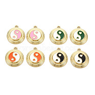 Rack Plating Light Gold Alloy Enamel Pendants, Cadmium Free & Lead Free, Flat Round with Yin Yang, Mixed Color, 20x18x3.5mm, Hole: 1.6mm(ENAM-Q444-012-RS)