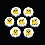 Halloween Printed Natural Wood Beads, Flat Round with Ghost Pattern, Gold, 19~20x5.9mm, Hole: 2~2.2mm(WOOD-T021-95)