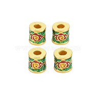 Rack Plating Alloy Enamel European Beads, Large Hole Beads, Long-Lasting Plated, Matte Style, Cadmium Free & Nickel Free & Lead Free, Column with Flower, Green, 9x10mm, Hole: 4mm(ENAM-S130-09)
