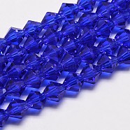 Imitate Austrian Crystal Bicone Glass Beads Strands, Grade AA, Faceted, Medium Blue, 4x4mm, Hole: 1mm, about 93~95pcs/strand, 14 inch(X-GLAA-F029-4x4mm-06)