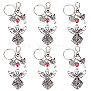 PandaHall Elite 6Pcs Tibetan Style Alloy Angel Pendant Keychain with Fairy Charm and Tree of Life Charm, with Iron Findings, Antique Silver, 9.5cm(KEYC-PH0001-91)