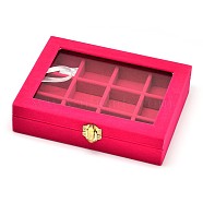 Wooden Rectangle Jewelry Boxes, Covered with Velvet, with Glass and Iron Clasps, 12 Compertments, Deep Pink, 20.2x15.3x4.8cm(OBOX-L001-04C)