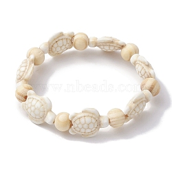 Beach Turtle Dyed Synthetic Turquoise Stretch Bracelets, Summer Wood Beaded Kid Bracelets for Girls, Floral White, Inner Diameter: 1-5/8~1-7/8 inch(4.05~4.85cm), Bead: 7x8~8.5mm, Turtle: 17~18x13~14mm(BJEW-JB10290)