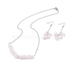 Natural Rose Quartz Chips Beaded Jewelry Set, Gemstone Pendant Necklace & Cluster Dangle Earrings with 304 Stainless Steel Cable Chains for Women, Stainless Steel Color, 60mm, Pin: 0.6mm,19.29 inch(49cm)(SJEW-JS01231-06)