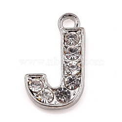 Alloy Rhinestone Letter Charms, Platinum Metal Color, Letter.J, 17x9.5x2mm, Hole: 1.5mm(RB-A052-J01)