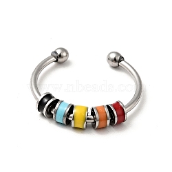 Enamel Disc Rotating Beaded Open Cuff Ring, 201 Stainless Steel Jewelry for Anxiety Stress Relief, Red, US Size 7 3/4(17.9mm)(RJEW-C032-01B-P)