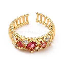 Brass Cubic Zirconia Cuff Ring, Open Ring for Women, Real 18K Gold Plated, Red, US Size 7 1/4(17.5mm)(KK-H433-07C-G)