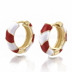 Brass Huggie Hoop Earrings, with Two Tone Enamel, Real 18K Gold Plated, FireBrick, 16x16.5x5mm, Pin: 1x1mm(EJEW-S209-04D)