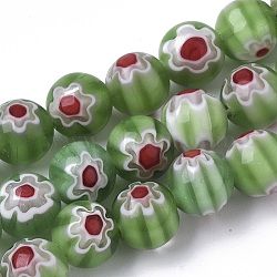 Handmade Millefiori Lampwork Beads Strands, Round, Olive Drab, 8mm, Hole: 1.2mm, about 48pcs/strand, 14.17 inch(36cm)(LAMP-R143-01D)