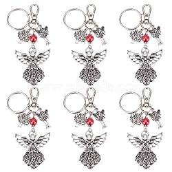 PandaHall Elite 6Pcs Tibetan Style Alloy Angel Pendant Keychain with Fairy Charm and Tree of Life Charm, with Iron Findings, Antique Silver, 9.5cm(KEYC-PH0001-91)