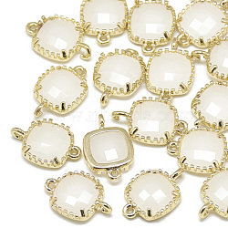 Glass Links connectors, with Golden Tone Brass Findings, Faceted, Square, WhiteSmoke, 15x9x3mm, Hole: 0.5mm(GLAA-Q068-10A-014)