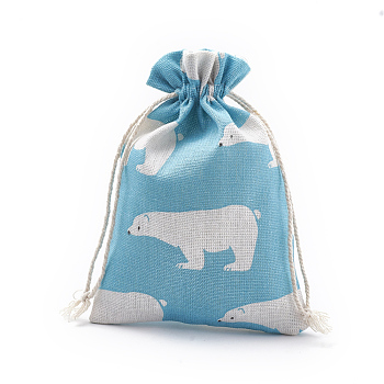 Polycotton(Polyester Cotton) Packing Pouches Drawstring Bags, with Printed White Bear, Light Sky Blue, 18x13cm