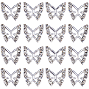 40PCS Alloy Rhinestone Cabochons, Nail Art Decoration Accessories, Butterfly, Silver, 8.5x9.5x1.5mm