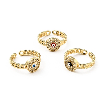 Clear Cubic Zirconia Evil Eye Open Cuff Ring with Enamel, Real 18K Gold Plated Brass Jewelry for Women, Cadmium Free & Lead Free, Mixed Color, US Size 7(17.3mm)