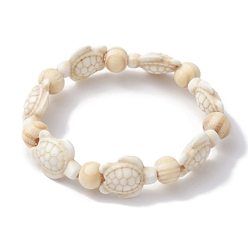 Beach Turtle Dyed Synthetic Turquoise Stretch Bracelets, Summer Wood Beaded Kid Bracelets for Girls, Floral White, Inner Diameter: 1-5/8~1-7/8 inch(4.05~4.85cm), Bead: 7x8~8.5mm, Turtle: 17~18x13~14mm