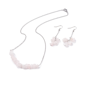 Natural Rose Quartz Chips Beaded Jewelry Set, Gemstone Pendant Necklace & Cluster Dangle Earrings with 304 Stainless Steel Cable Chains for Women, Stainless Steel Color, 60mm, Pin: 0.6mm,19.29 inch(49cm)