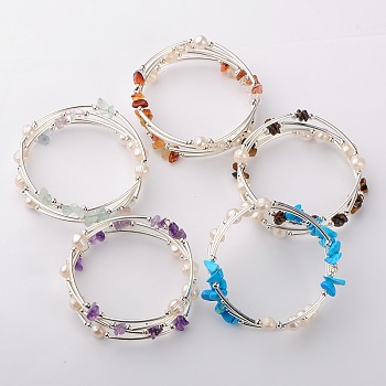 Gemstone Chip Warp Bracelets, Silver and Platinum, Natural & Synthetic Mixed Stone, 53mm